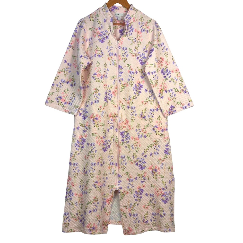Miss Elaine Women Zip Cotton Grandma Robe Housecoat Sz M Pink Floral Cottage
